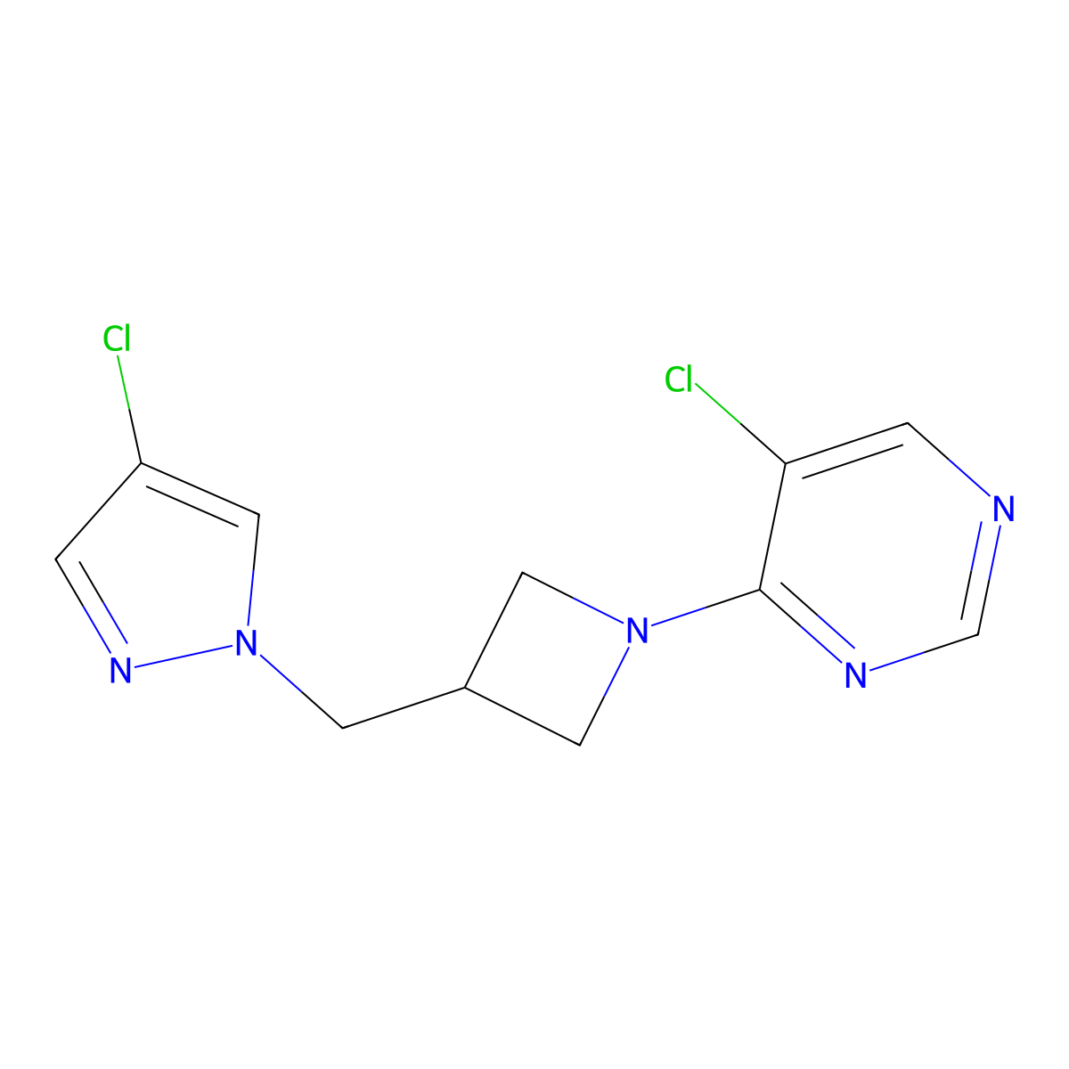 5-chloro-4-{3-[(4-chloro-1H-pyrazol-1-yl)methyl]azetidin-1-yl}pyrimidine molecular structure, CAS 3054624-38-0