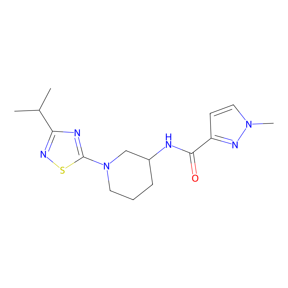 1-methyl-N-{1-[3-(propan-2-yl)-1,2,4-thiadiazol-5-yl]piperidin-3-yl}-1H-pyrazole-3-carboxamide molecular structure, CAS 3054624-44-8