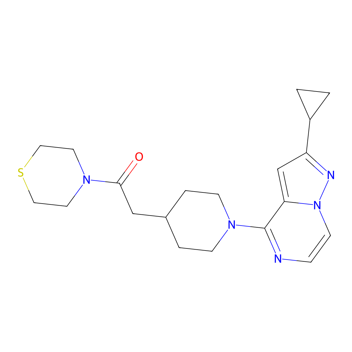 2-(1-{2-Cyclopropylpyrazolo[1,5-a]pyrazin-4-yl}piperidin-4-yl)-1-(thiomorpholin-4-yl)ethan-1-one molecular structure, CAS 3054624-48-2