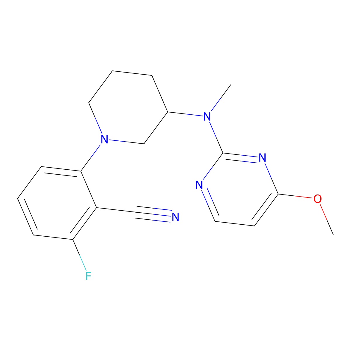 2-Fluoro-6-{3-[(4-methoxypyrimidin-2-yl)(methyl)amino]piperidin-1-yl}benzonitrile molecular structure, CAS 3054624-50-6