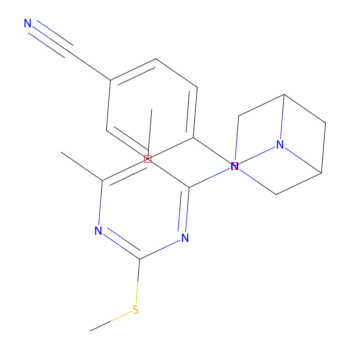 4-({3-[5,6-Dimethyl-2-(methylsulfanyl)pyrimidin-4-yl]-3,6-diazabicyclo[3.1.1]heptan-6-yl}methyl)benzonitrile molecular structure, CAS 3054624-58-4