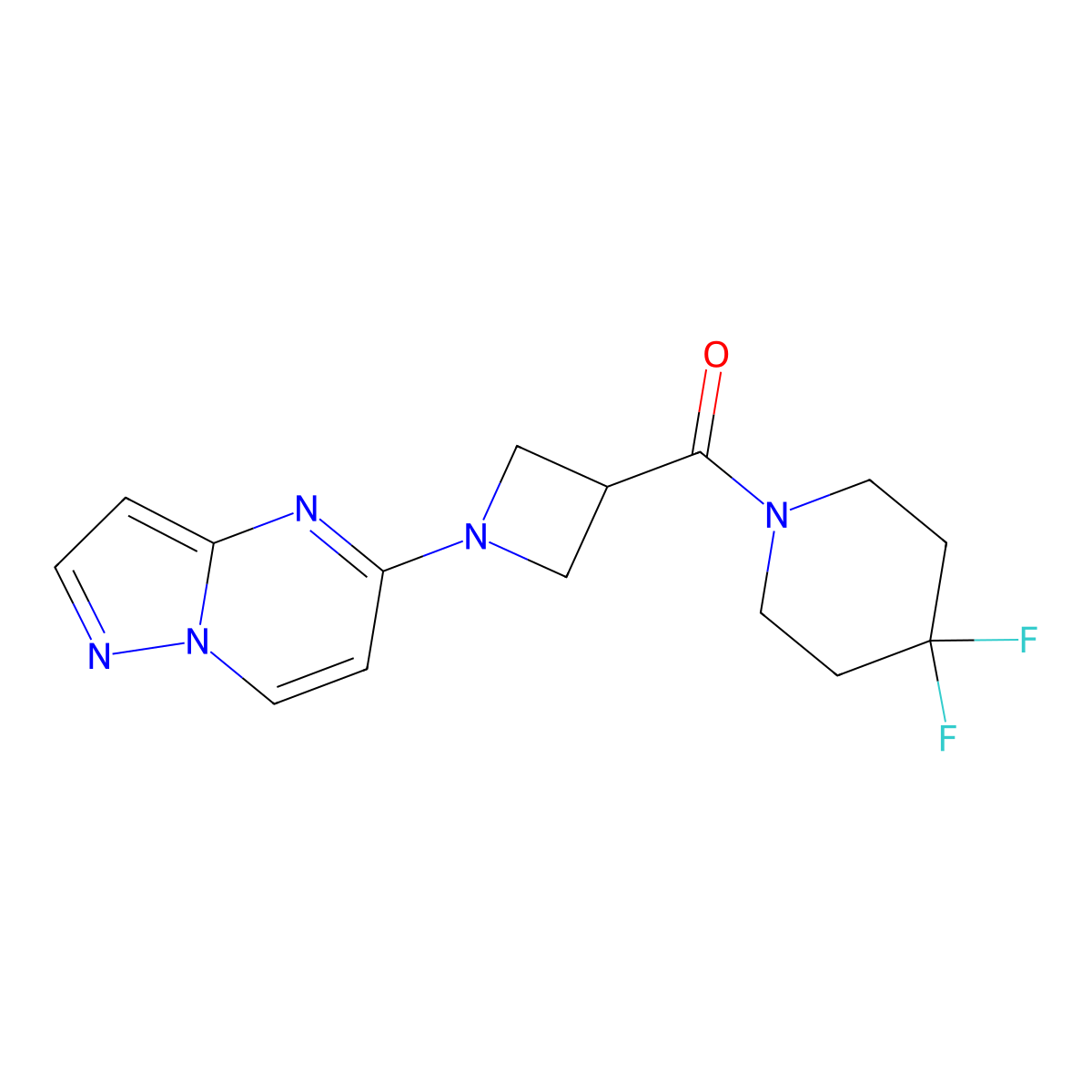 4,4-Difluoro-1-(1-{pyrazolo[1,5-a]pyrimidin-5-yl}azetidine-3-carbonyl)piperidine molecular structure, CAS 3054624-60-8