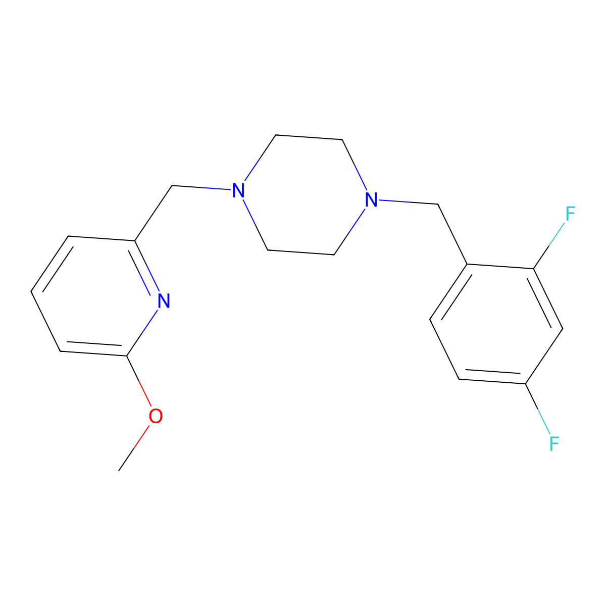 1-[(2,4-Difluorophenyl)methyl]-4-[(6-methoxypyridin-2-yl)methyl]piperazine molecular structure, CAS 3054624-64-2