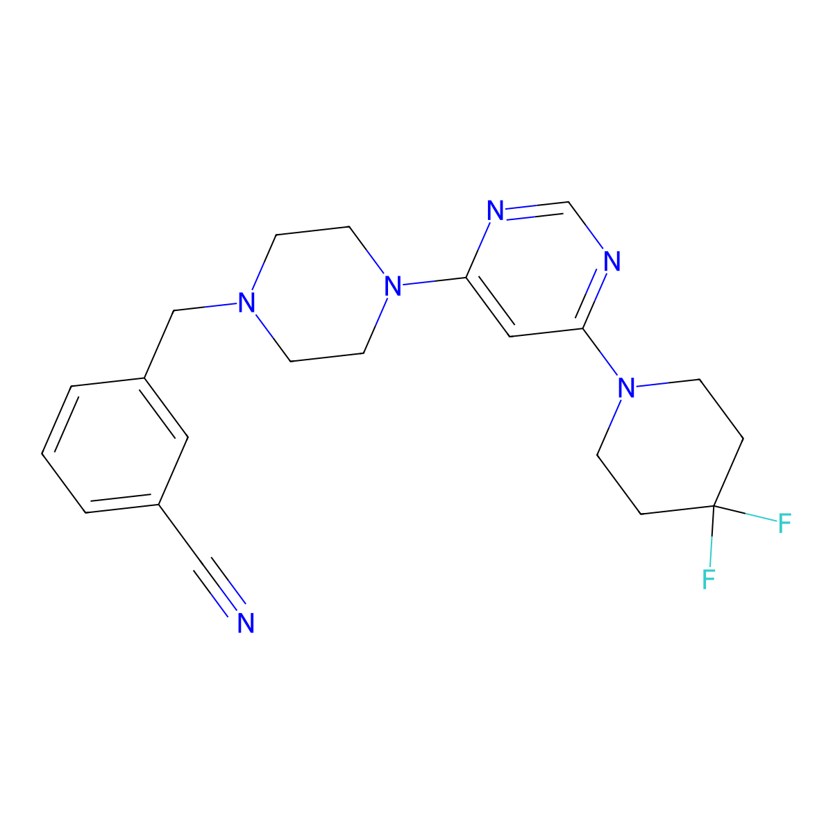 3-({4-[6-(4,4-Difluoropiperidin-1-yl)pyrimidin-4-yl]piperazin-1-yl}methyl)benzonitrile molecular structure, CAS 3054624-74-4