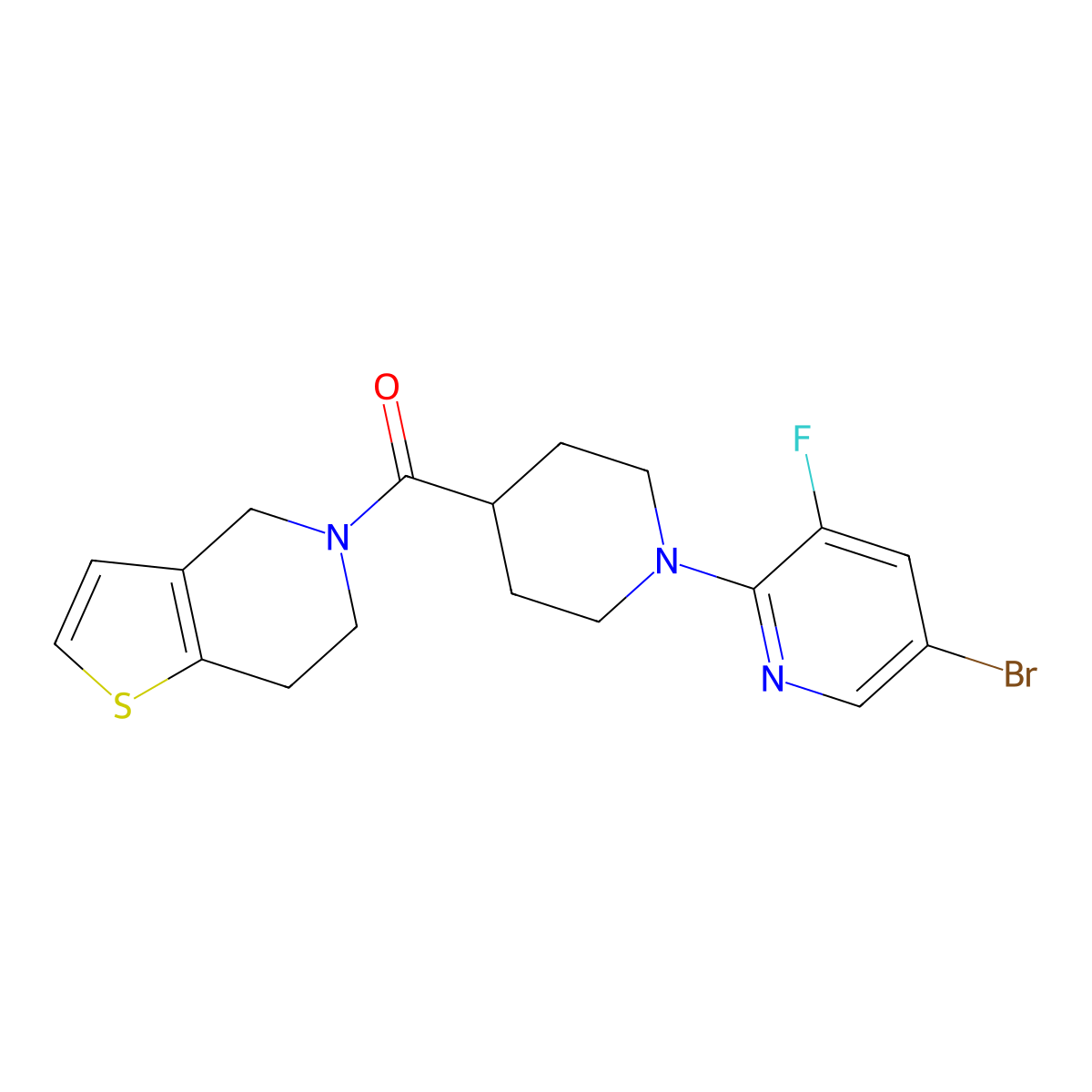 5-bromo-3-fluoro-2-(4-{4H,5H,6H,7H-thieno[3,2-c]pyridine-5-carbonyl}piperidin-1-yl)pyridine molecular structure, CAS 3054624-76-6