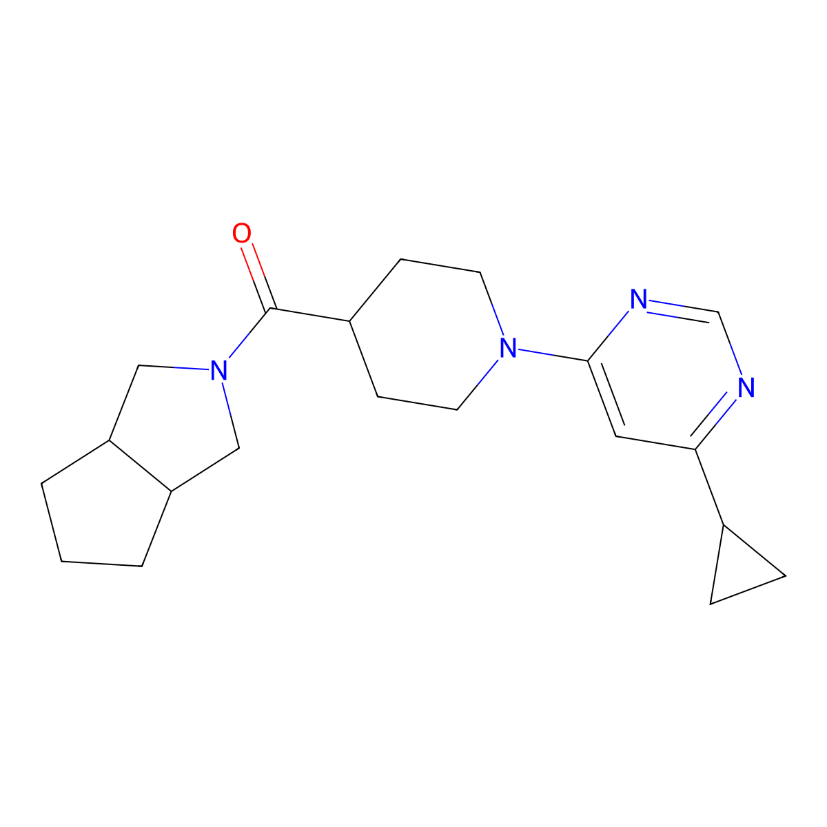 4-Cyclopropyl-6-(4-{octahydrocyclopenta[c]pyrrole-2-carbonyl}piperidin-1-yl)pyrimidine molecular structure, CAS 3054624-82-4