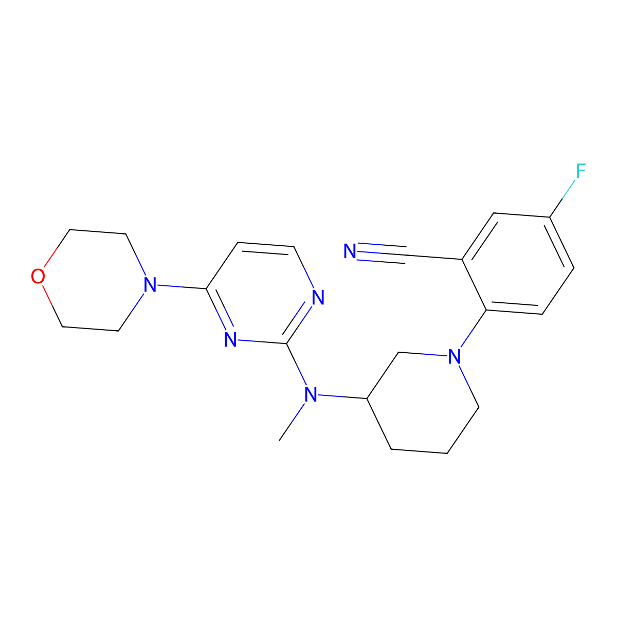 5-Fluoro-2-(3-{methyl[4-(morpholin-4-yl)pyrimidin-2-yl]amino}piperidin-1-yl)benzonitrile molecular structure, CAS 3054624-83-5