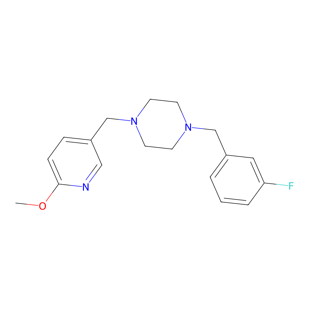 1-[(3-Fluorophenyl)methyl]-4-[(6-methoxypyridin-3-yl)methyl]piperazine molecular structure, CAS 3054624-87-9