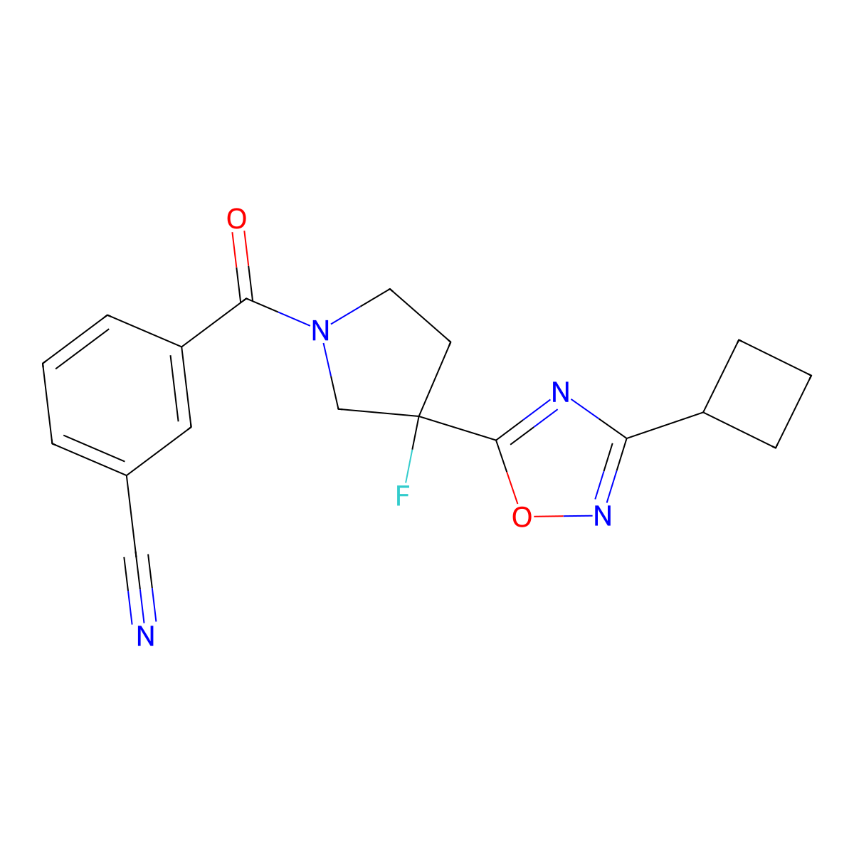 3-[3-(3-Cyclobutyl-1,2,4-oxadiazol-5-yl)-3-fluoropyrrolidine-1-carbonyl]benzonitrile molecular structure, CAS 3054624-90-4