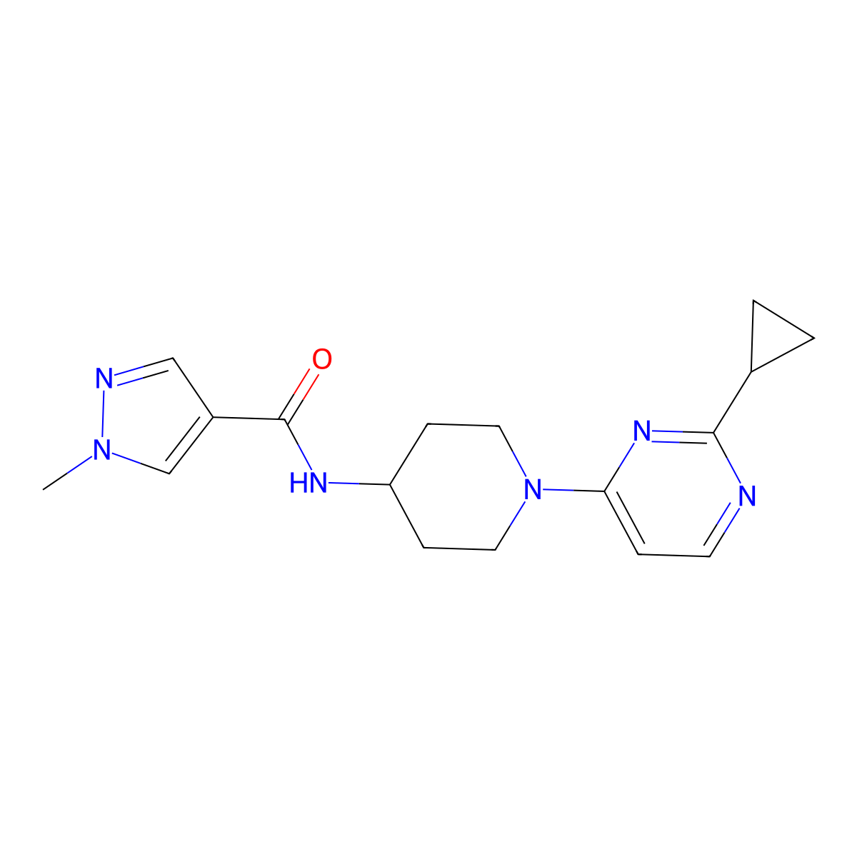 N-[1-(2-cyclopropylpyrimidin-4-yl)piperidin-4-yl]-1-methyl-1H-pyrazole-4-carboxamide molecular structure, CAS 3054625-02-1