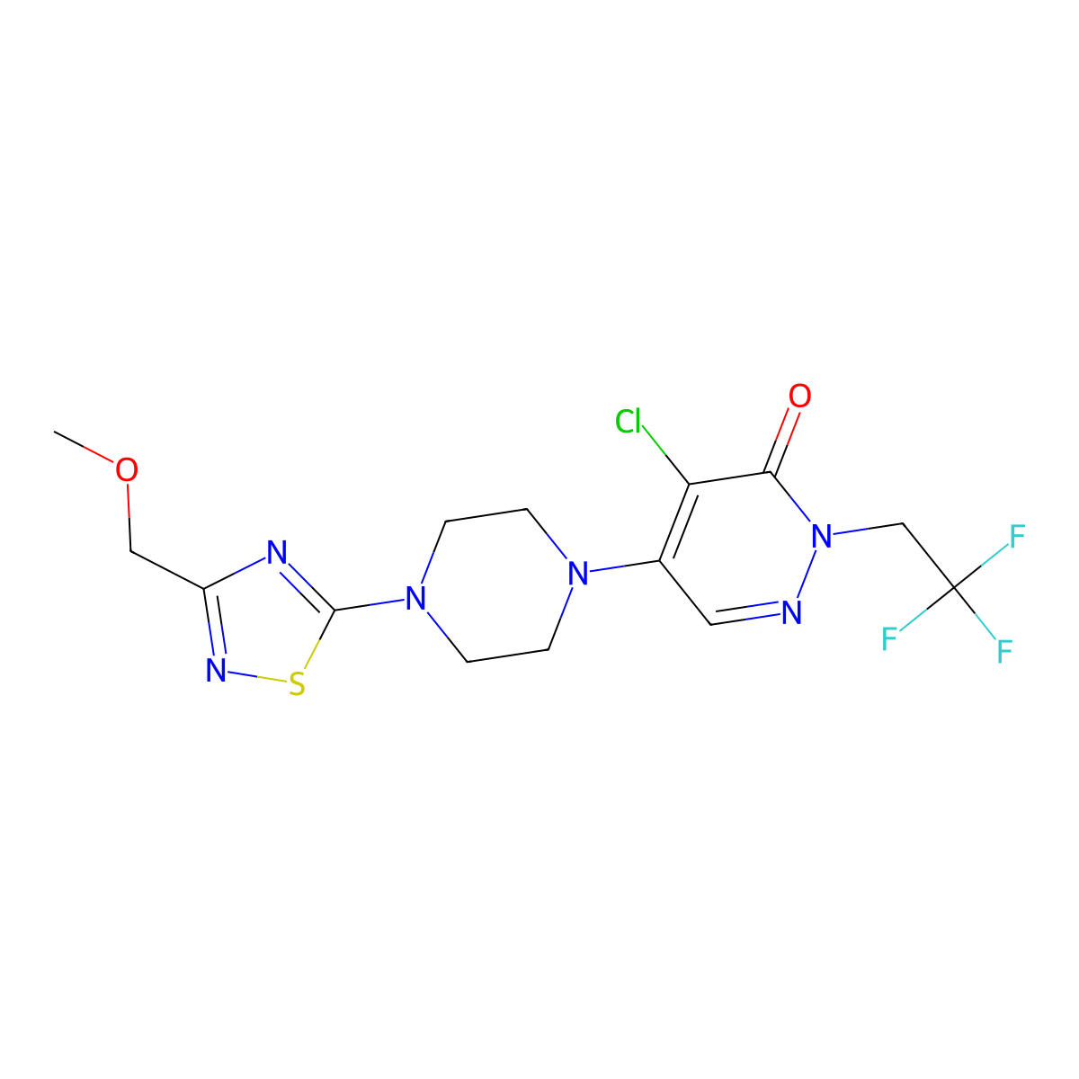 4-Chloro-5-{4-[3-(methoxymethyl)-1,2,4-thiadiazol-5-yl]piperazin-1-yl}-2-(2,2,2-trifluoroethyl)-2,3-dihydropyridazin-3-one molecular structure, CAS 3054625-04-3