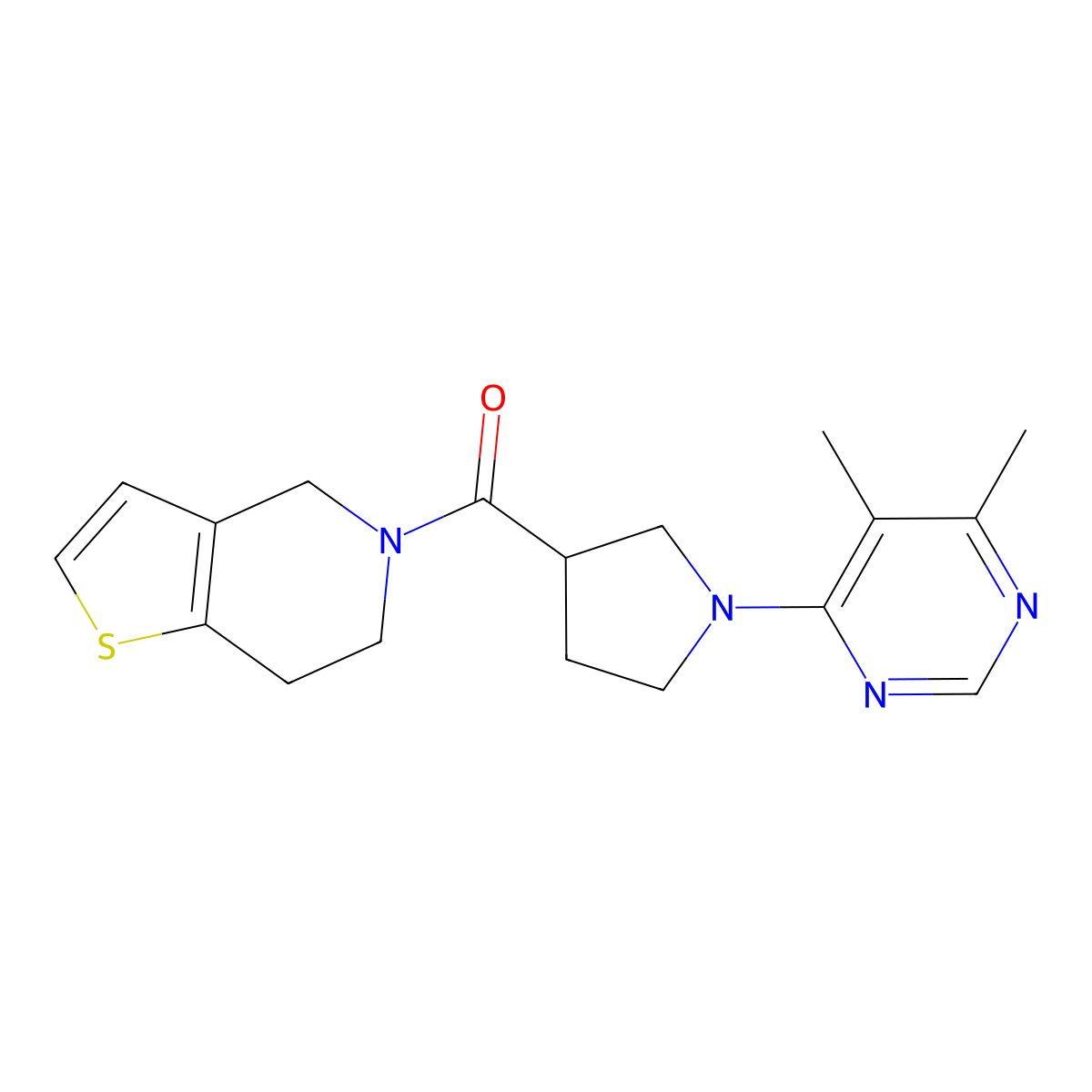 4,5-dimethyl-6-(3-{4H,5H,6H,7H-thieno[3,2-c]pyridine-5-carbonyl}pyrrolidin-1-yl)pyrimidine molecular structure, CAS 3054625-06-5