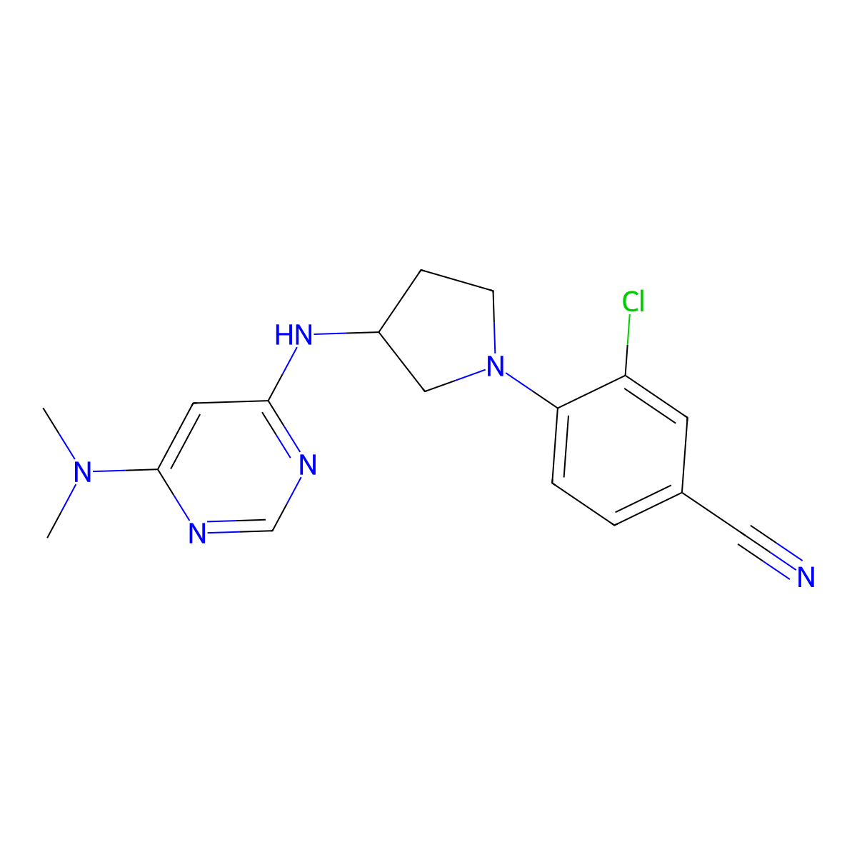 3-Chloro-4-(3-{[6-(dimethylamino)pyrimidin-4-yl]amino}pyrrolidin-1-yl)benzonitrile molecular structure, CAS 3054625-07-6