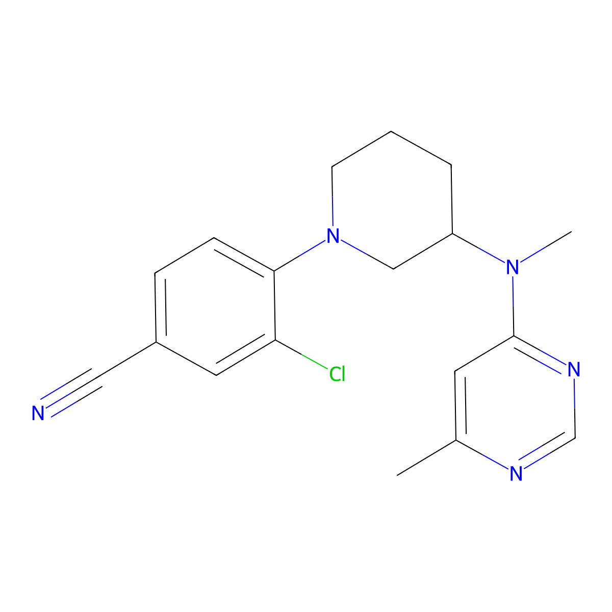 3-Chloro-4-{3-[methyl(6-methylpyrimidin-4-yl)amino]piperidin-1-yl}benzonitrile molecular structure, CAS 3054625-13-4