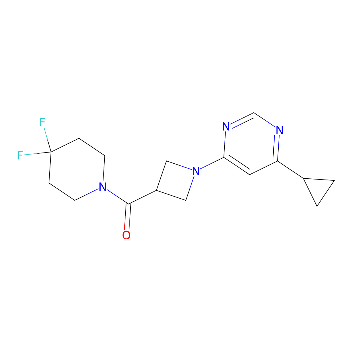4-Cyclopropyl-6-[3-(4,4-difluoropiperidine-1-carbonyl)azetidin-1-yl]pyrimidine molecular structure, CAS 3054625-16-7