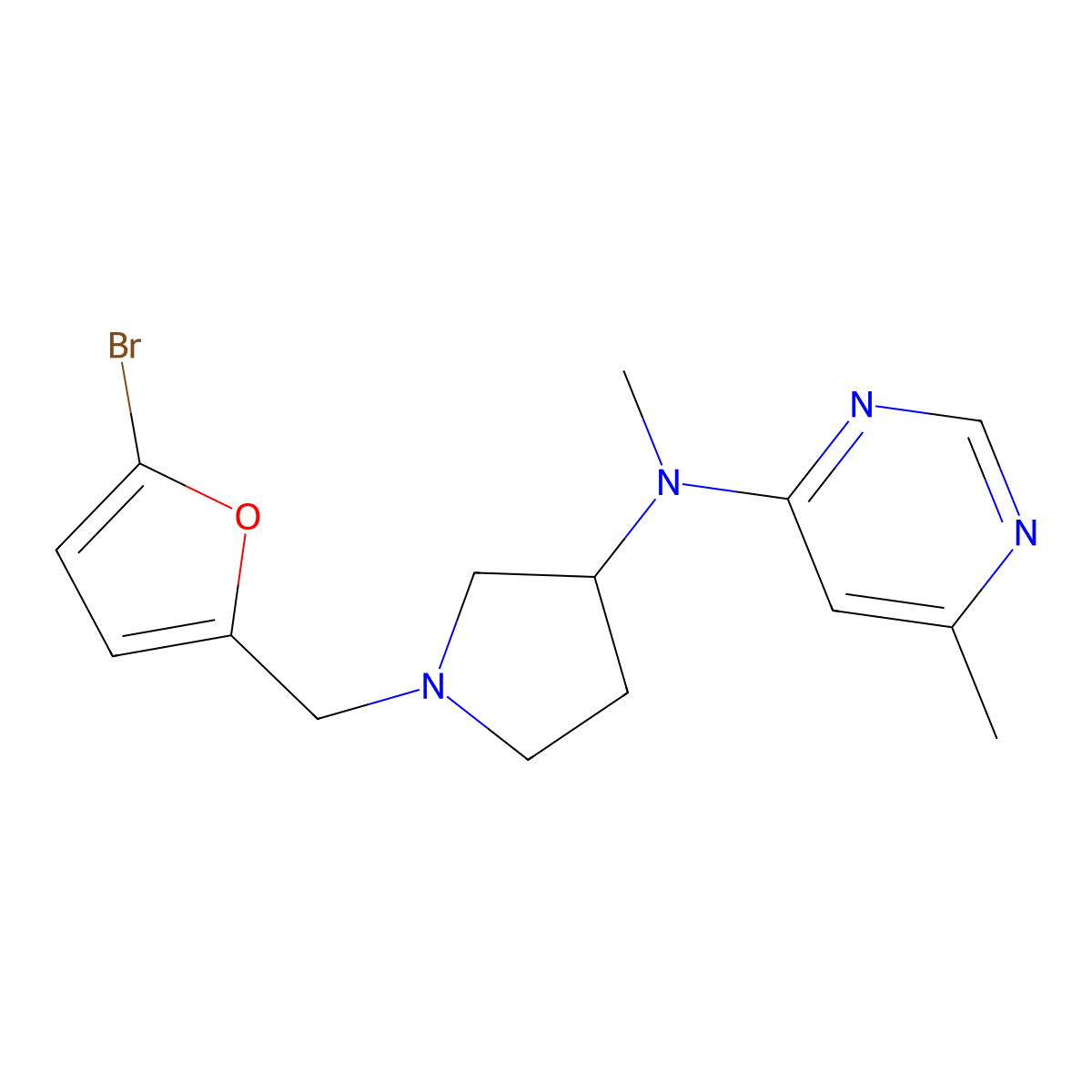 N-{1-[(5-bromofuran-2-yl)methyl]pyrrolidin-3-yl}-N,6-dimethylpyrimidin-4-amine molecular structure, CAS 3054625-17-8