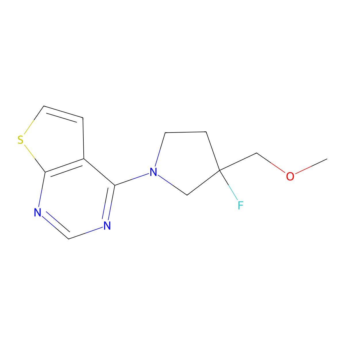 3-Fluoro-3-(methoxymethyl)-1-{thieno[2,3-d]pyrimidin-4-yl}pyrrolidine molecular structure, CAS 3054625-21-4