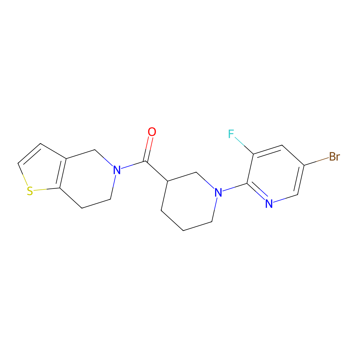 5-bromo-3-fluoro-2-(3-{4H,5H,6H,7H-thieno[3,2-c]pyridine-5-carbonyl}piperidin-1-yl)pyridine molecular structure, CAS 3054625-25-8
