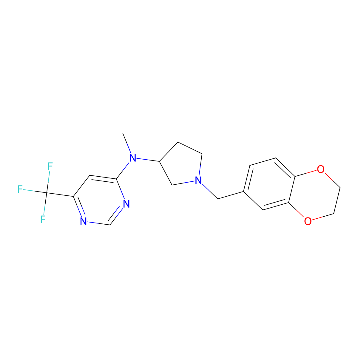 N-{1-[(2,3-dihydro-1,4-benzodioxin-6-yl)methyl]pyrrolidin-3-yl}-N-methyl-6-(trifluoromethyl)pyrimidin-4-amine molecular structure, CAS 3054625-26-9