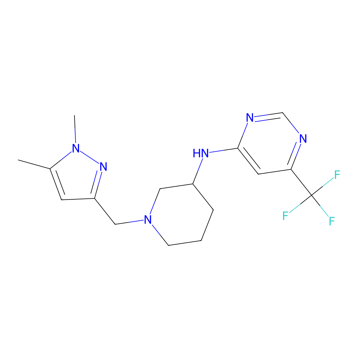 N-{1-[(1,5-dimethyl-1H-pyrazol-3-yl)methyl]piperidin-3-yl}-6-(trifluoromethyl)pyrimidin-4-amine molecular structure, CAS 3054625-29-2