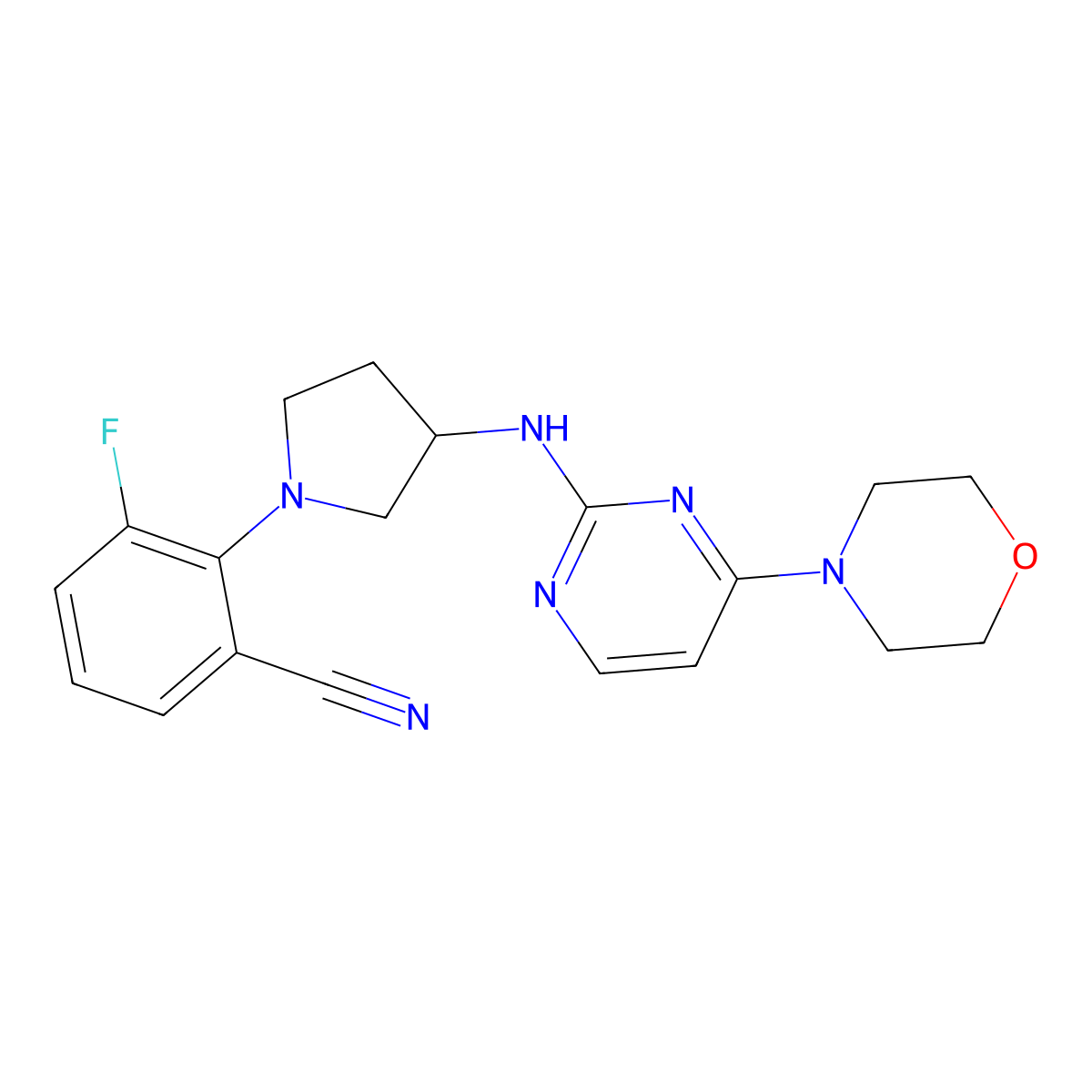 3-Fluoro-2-(3-{[4-(morpholin-4-yl)pyrimidin-2-yl]amino}pyrrolidin-1-yl)benzonitrile molecular structure, CAS 3054625-31-6