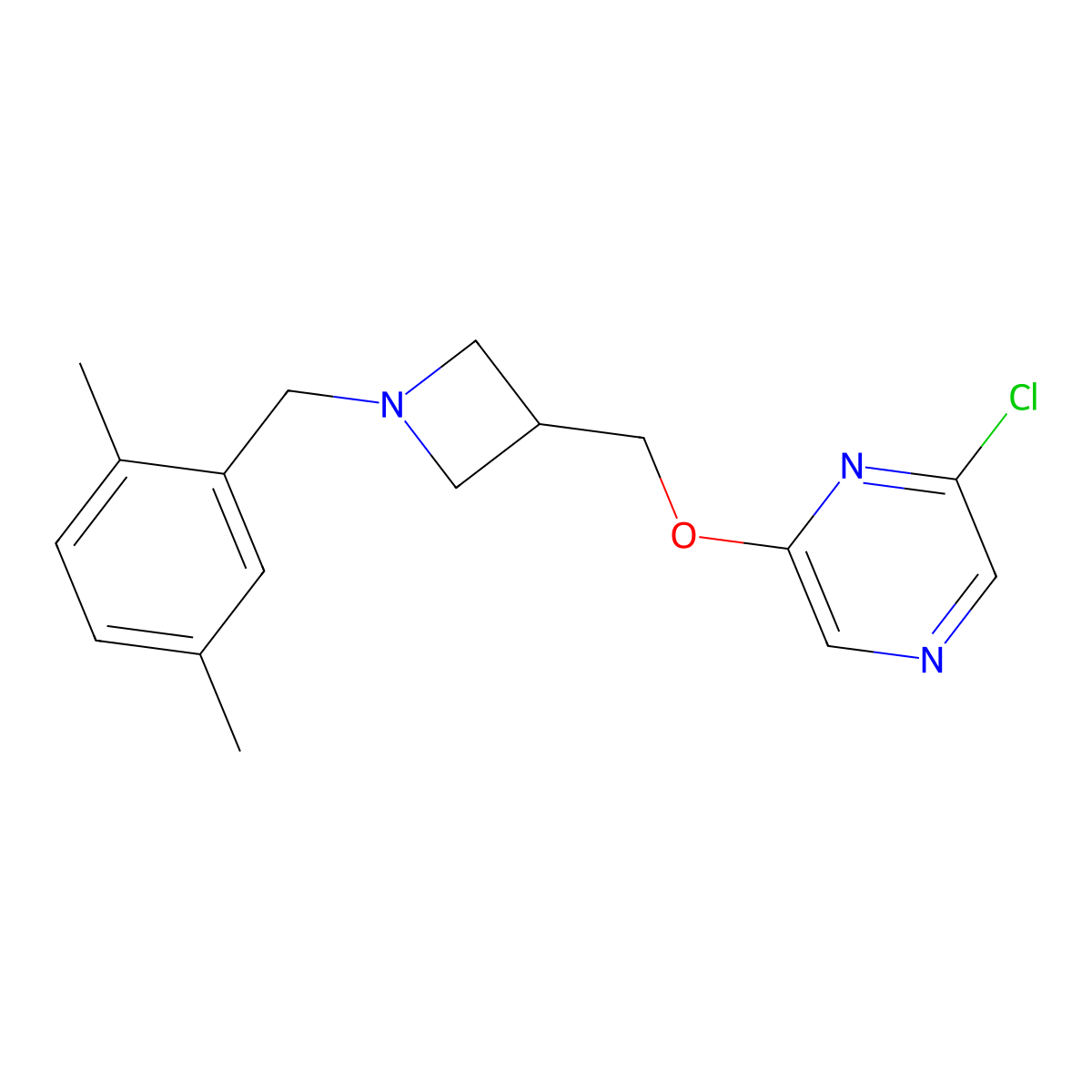 2-Chloro-6-({1-[(2,5-dimethylphenyl)methyl]azetidin-3-yl}methoxy)pyrazine molecular structure, CAS 3054625-33-8