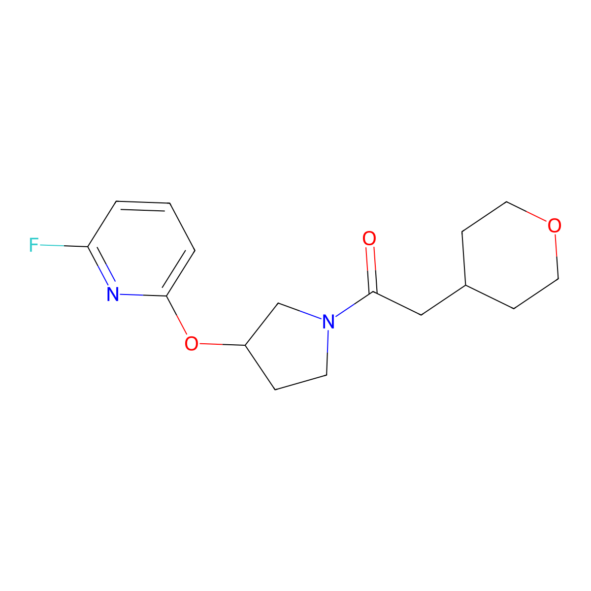 1-{3-[(6-Fluoropyridin-2-yl)oxy]pyrrolidin-1-yl}-2-(oxan-4-yl)ethan-1-one molecular structure, CAS 3054625-35-0