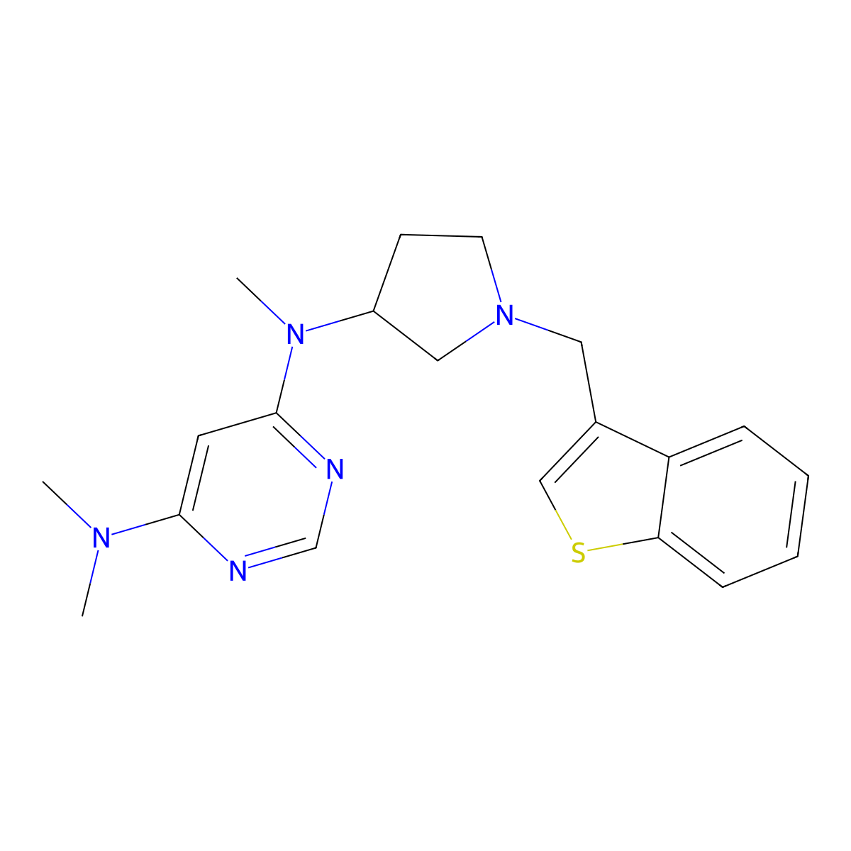 N4-{1-[(1-benzothiophen-3-yl)methyl]pyrrolidin-3-yl}-N4,N6,N6-trimethylpyrimidine-4,6-diamine molecular structure, CAS 3054625-41-8