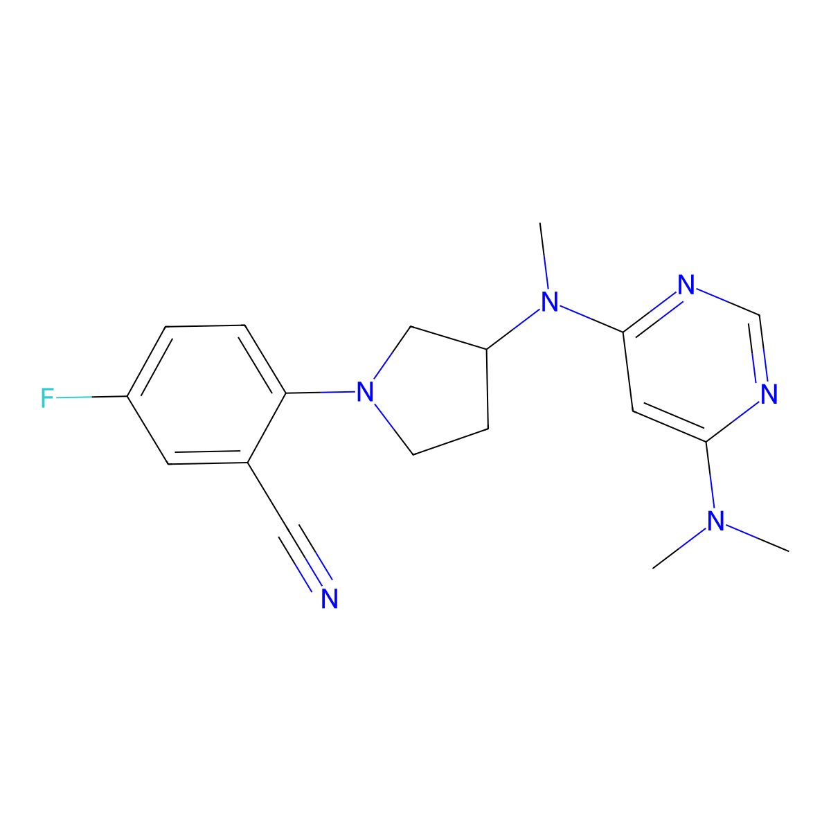 2-(3-{[6-(Dimethylamino)pyrimidin-4-yl](methyl)amino}pyrrolidin-1-yl)-5-fluorobenzonitrile molecular structure, CAS 3054625-46-3