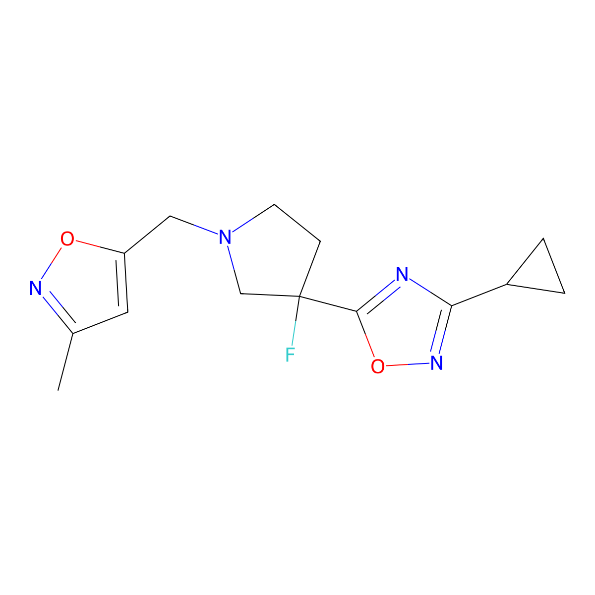 3-Cyclopropyl-5-{3-fluoro-1-[(3-methyl-1,2-oxazol-5-yl)methyl]pyrrolidin-3-yl}-1,2,4-oxadiazole molecular structure, CAS 3054625-48-5