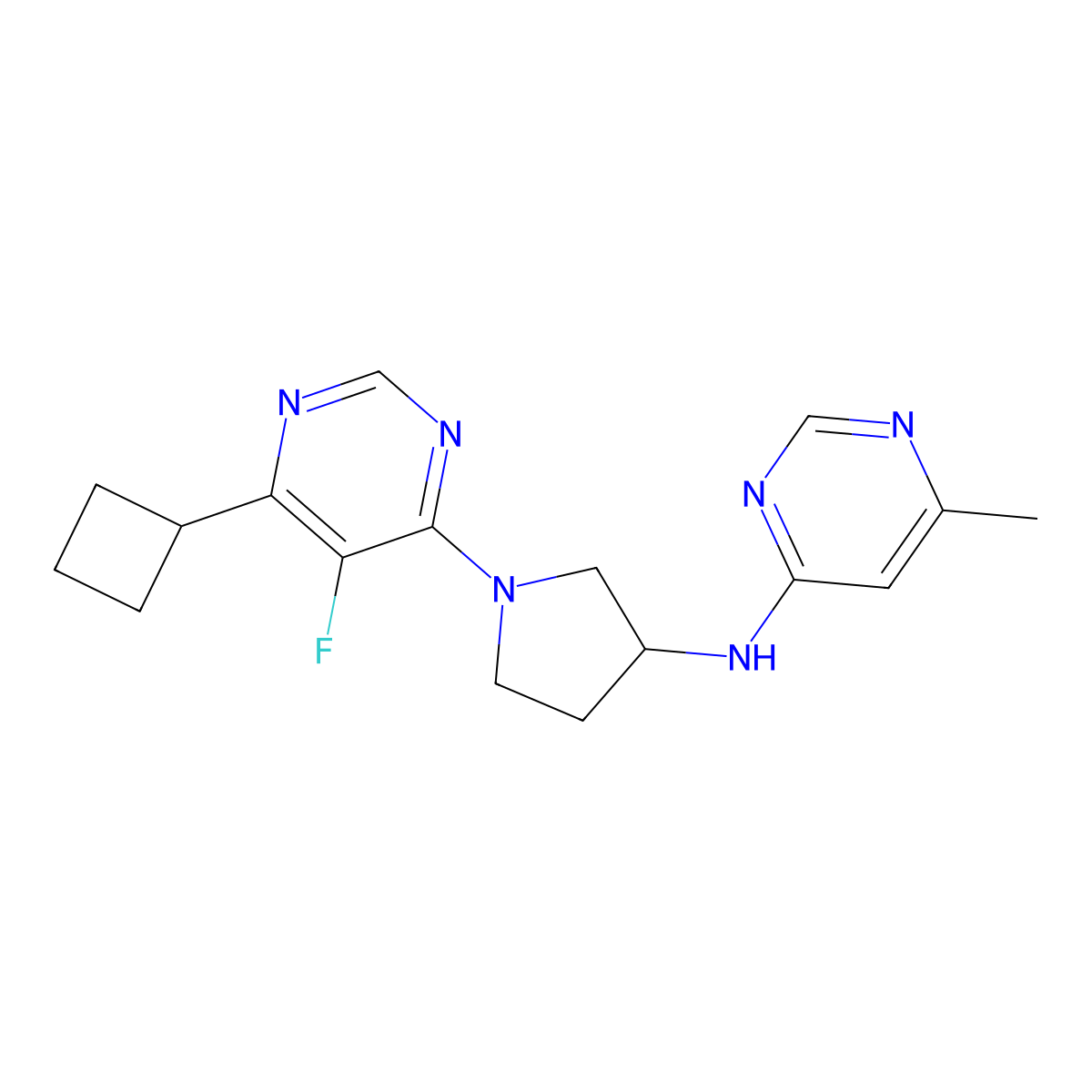 N-[1-(6-cyclobutyl-5-fluoropyrimidin-4-yl)pyrrolidin-3-yl]-6-methylpyrimidin-4-amine molecular structure, CAS 3054625-50-9