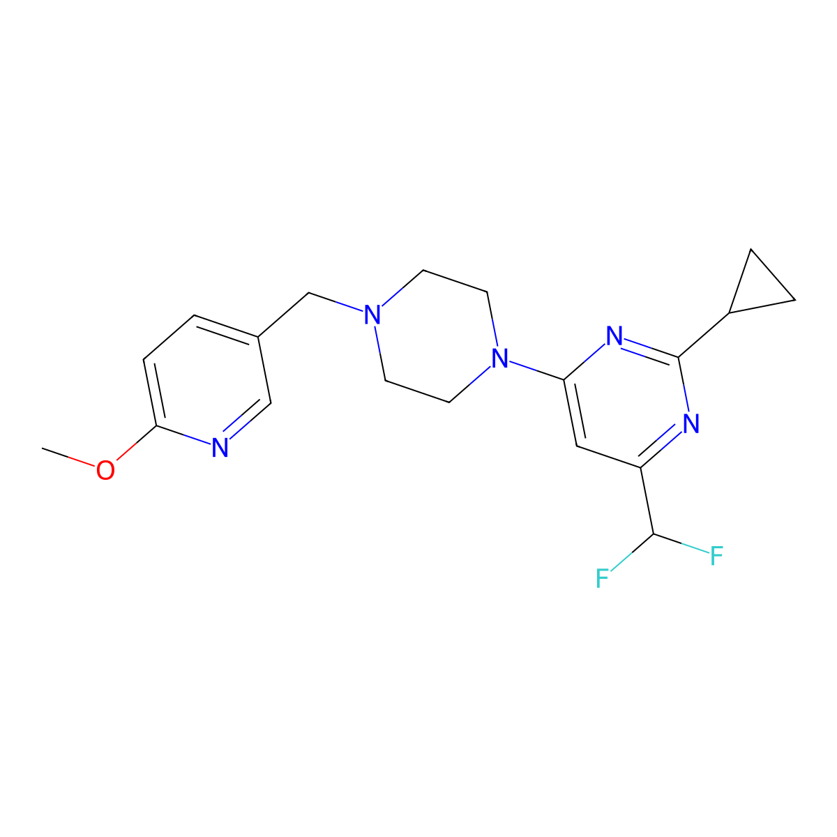 2-Cyclopropyl-4-(difluoromethyl)-6-{4-[(6-methoxypyridin-3-yl)methyl]piperazin-1-yl}pyrimidine molecular structure, CAS 3054625-54-3