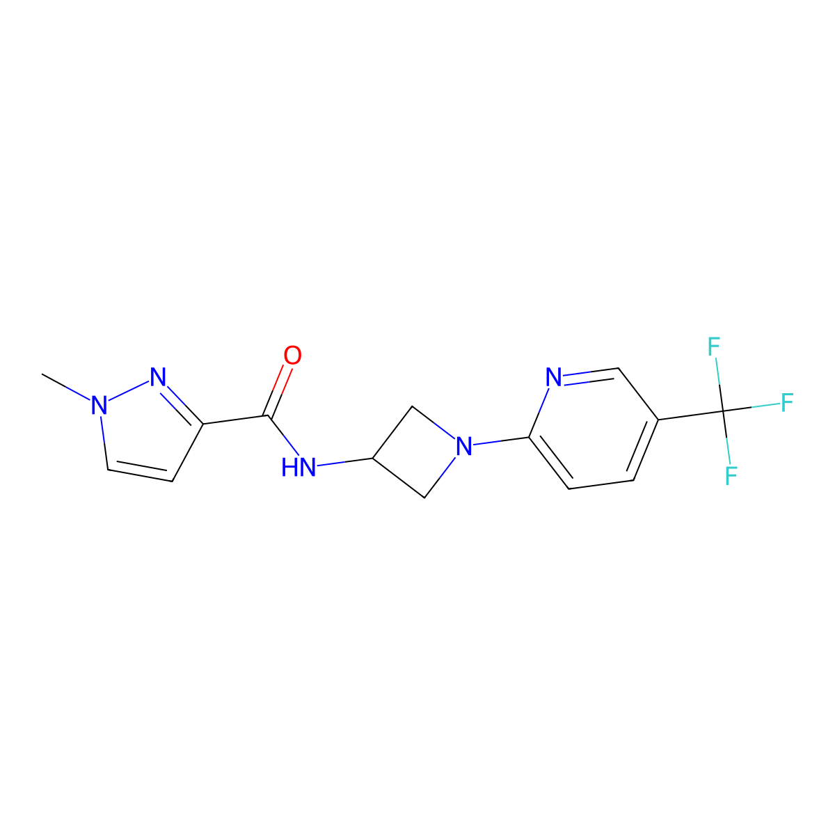 1-methyl-N-{1-[5-(trifluoromethyl)pyridin-2-yl]azetidin-3-yl}-1H-pyrazole-3-carboxamide molecular structure, CAS 3054625-55-4
