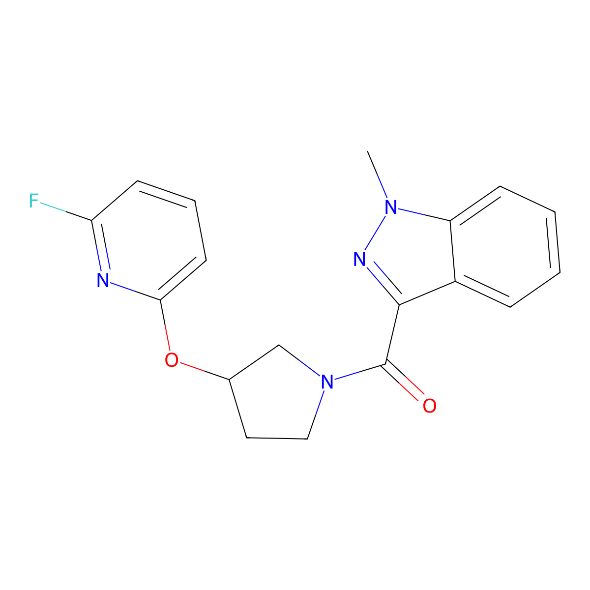 3-{3-[(6-fluoropyridin-2-yl)oxy]pyrrolidine-1-carbonyl}-1-methyl-1H-indazole molecular structure, CAS 3054625-71-4