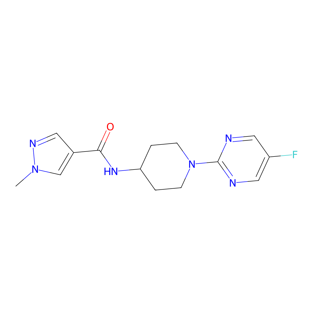 N-[1-(5-fluoropyrimidin-2-yl)piperidin-4-yl]-1-methyl-1H-pyrazole-4-carboxamide molecular structure, CAS 3054625-79-2