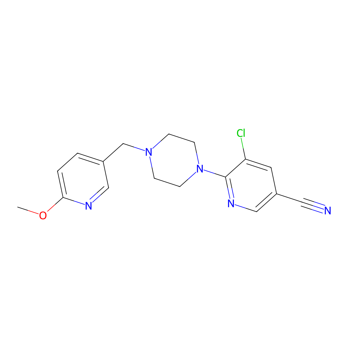 5-Chloro-6-{4-[(6-methoxypyridin-3-yl)methyl]piperazin-1-yl}pyridine-3-carbonitrile molecular structure, CAS 3054625-81-6