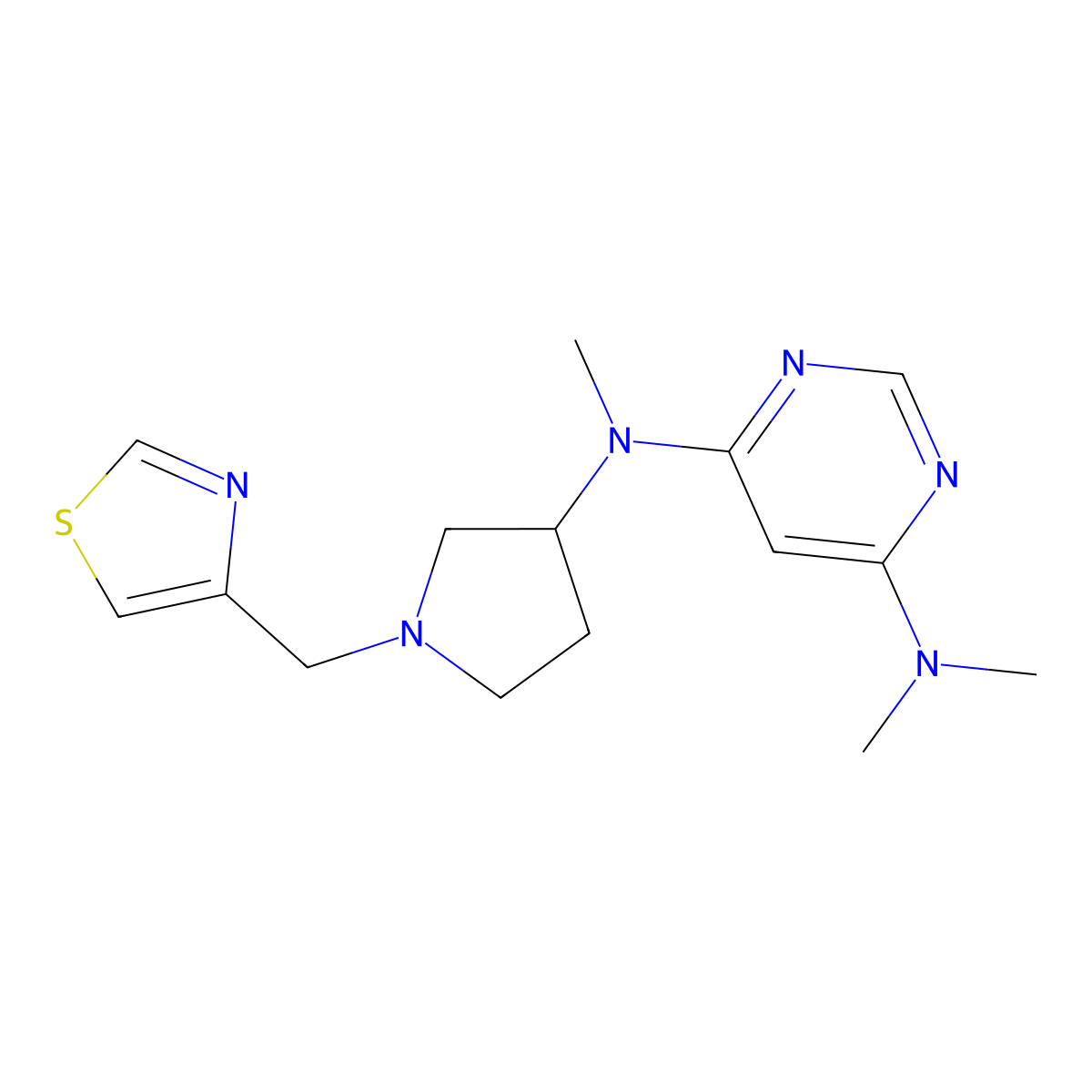 N4,N4,N6-trimethyl-N6-{1-[(1,3-thiazol-4-yl)methyl]pyrrolidin-3-yl}pyrimidine-4,6-diamine molecular structure, CAS 3054625-82-7