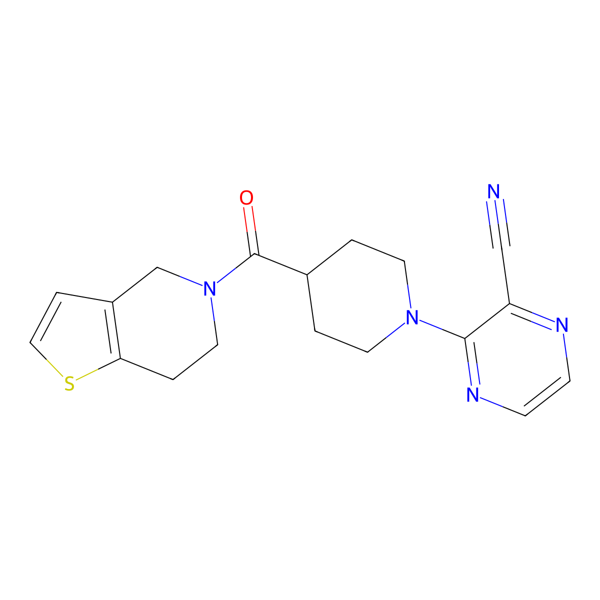 3-(4-{4H,5H,6H,7H-thieno[3,2-c]pyridine-5-carbonyl}piperidin-1-yl)pyrazine-2-carbonitrile molecular structure, CAS 3054625-92-9