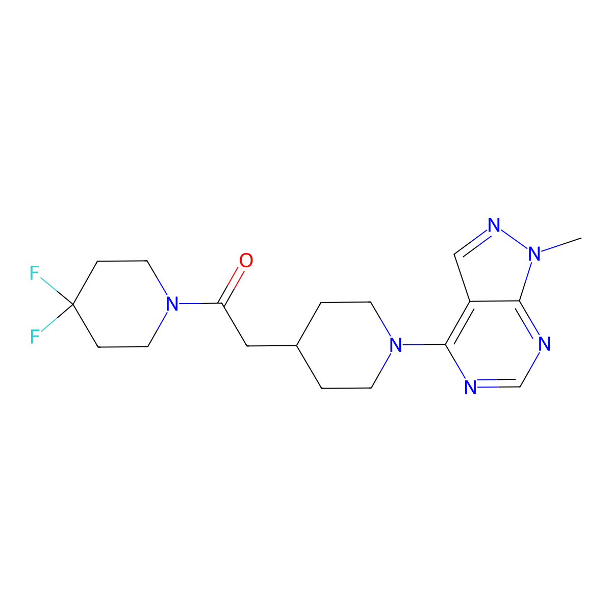 1-(4,4-difluoropiperidin-1-yl)-2-(1-{1-methyl-1H-pyrazolo[3,4-d]pyrimidin-4-yl}piperidin-4-yl)ethan-1-one molecular structure, CAS 3054626-03-5