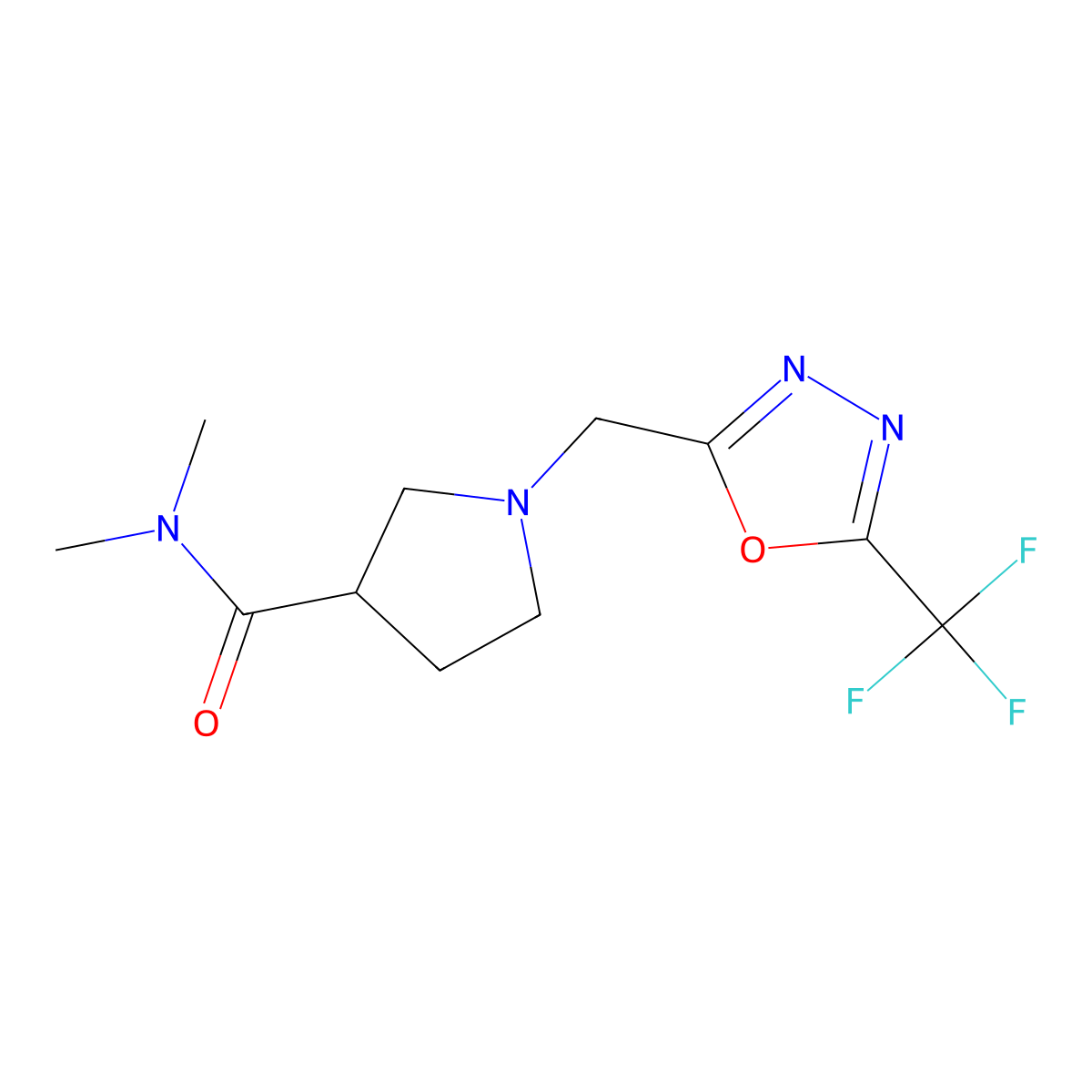 N,N-dimethyl-1-{[5-(trifluoromethyl)-1,3,4-oxadiazol-2-yl]methyl}pyrrolidine-3-carboxamide molecular structure, CAS 3054626-07-9
