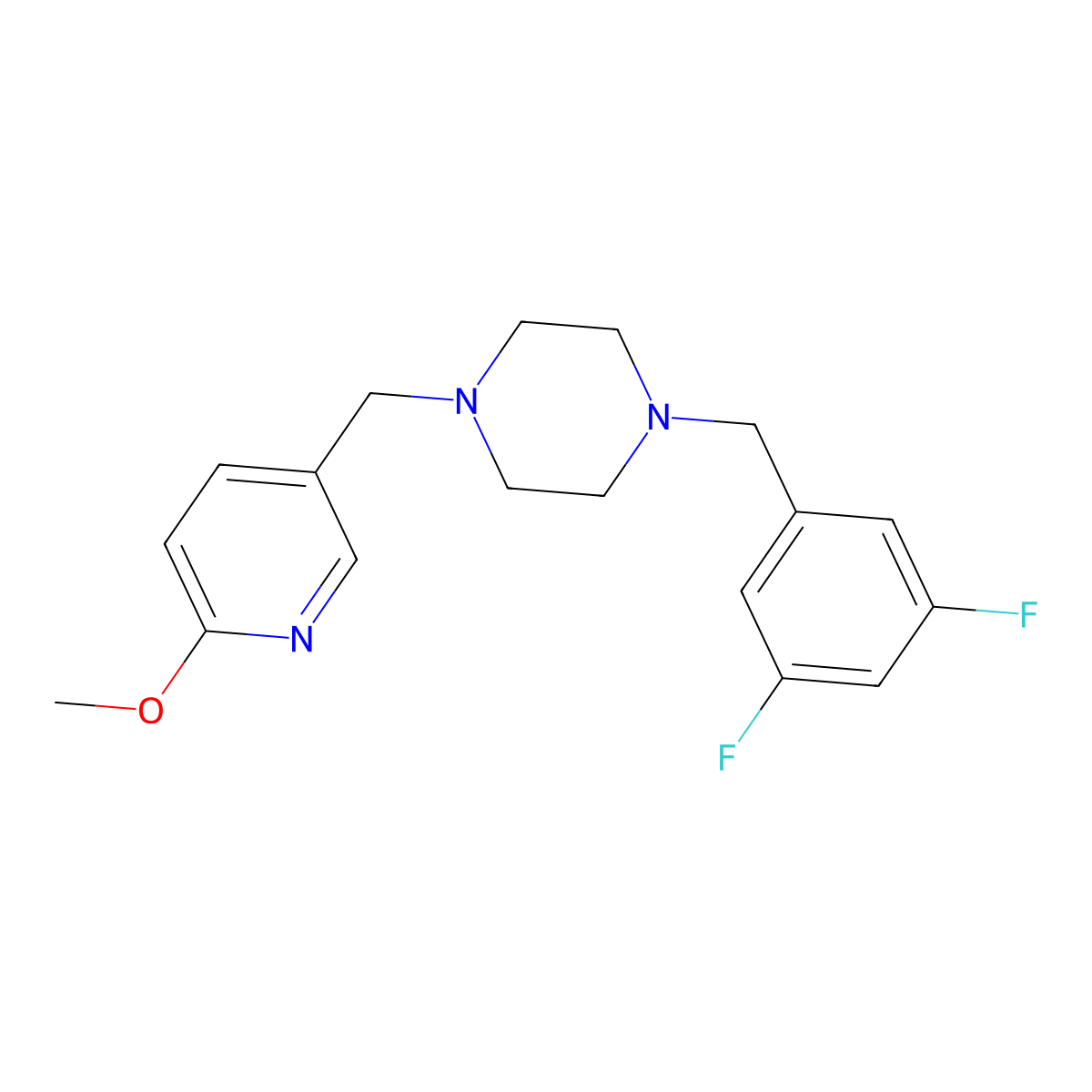 1-[(3,5-Difluorophenyl)methyl]-4-[(6-methoxypyridin-3-yl)methyl]piperazine molecular structure, CAS 3054626-08-0