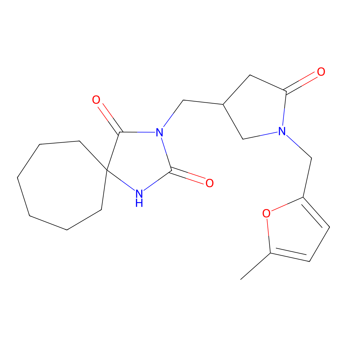 3-({1-[(5-Methylfuran-2-yl)methyl]-5-oxopyrrolidin-3-yl}methyl)-1,3-diazaspiro[4.6]undecane-2,4-dione molecular structure, CAS 3054626-11-5