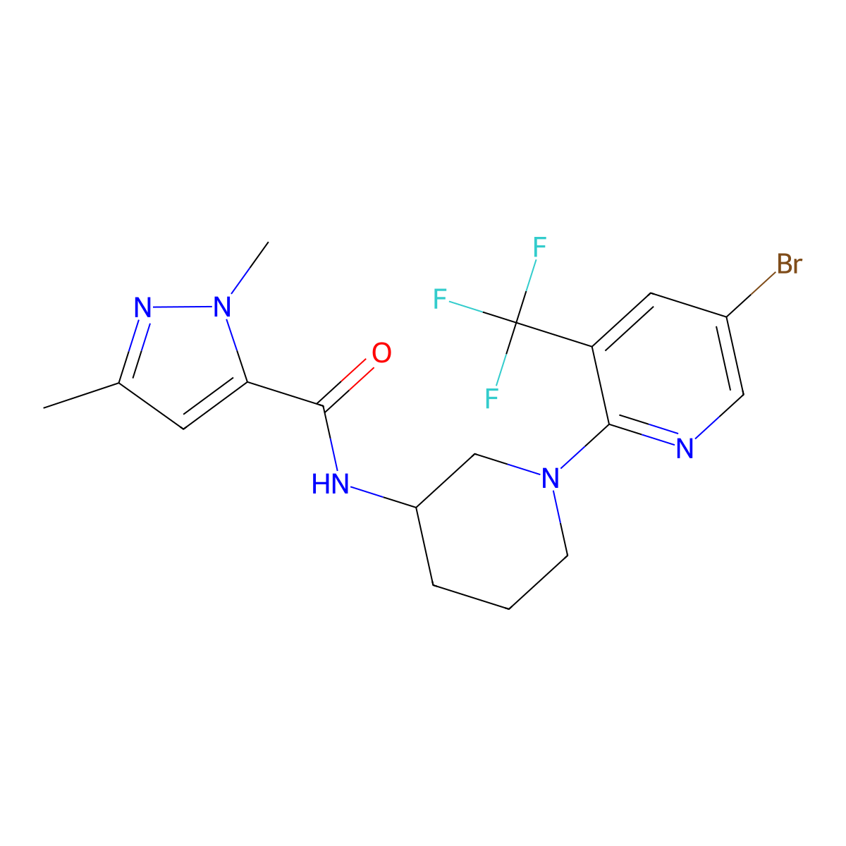 N-{1-[5-bromo-3-(trifluoromethyl)pyridin-2-yl]piperidin-3-yl}-1,3-dimethyl-1H-pyrazole-5-carboxamide molecular structure, CAS 3054626-13-7