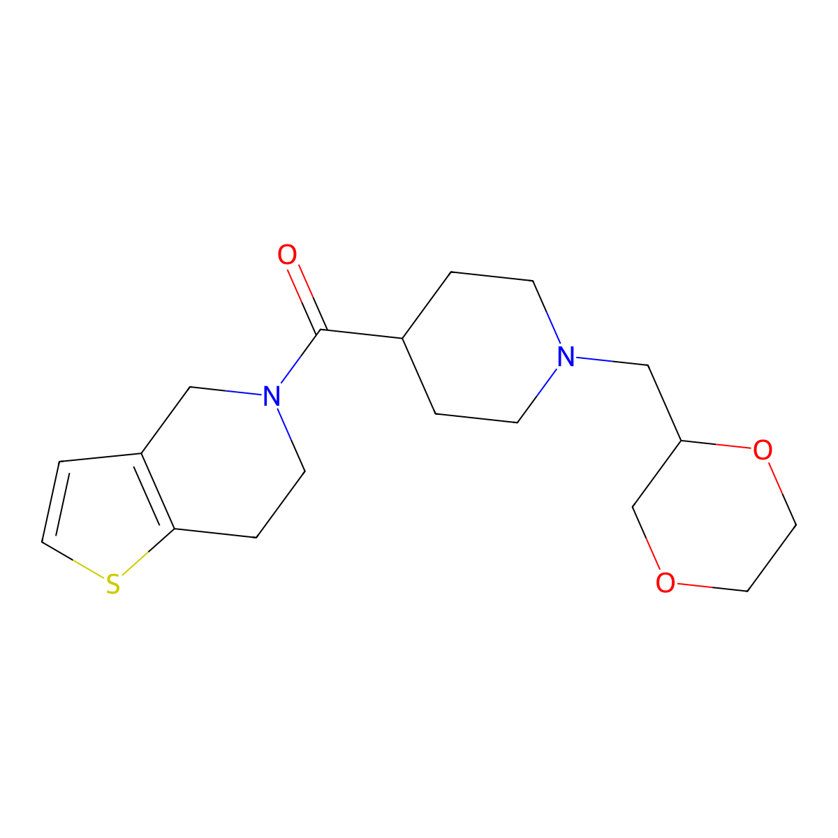 1-[(1,4-dioxan-2-yl)methyl]-4-{4H,5H,6H,7H-thieno[3,2-c]pyridine-5-carbonyl}piperidine molecular structure, CAS 3054626-20-6