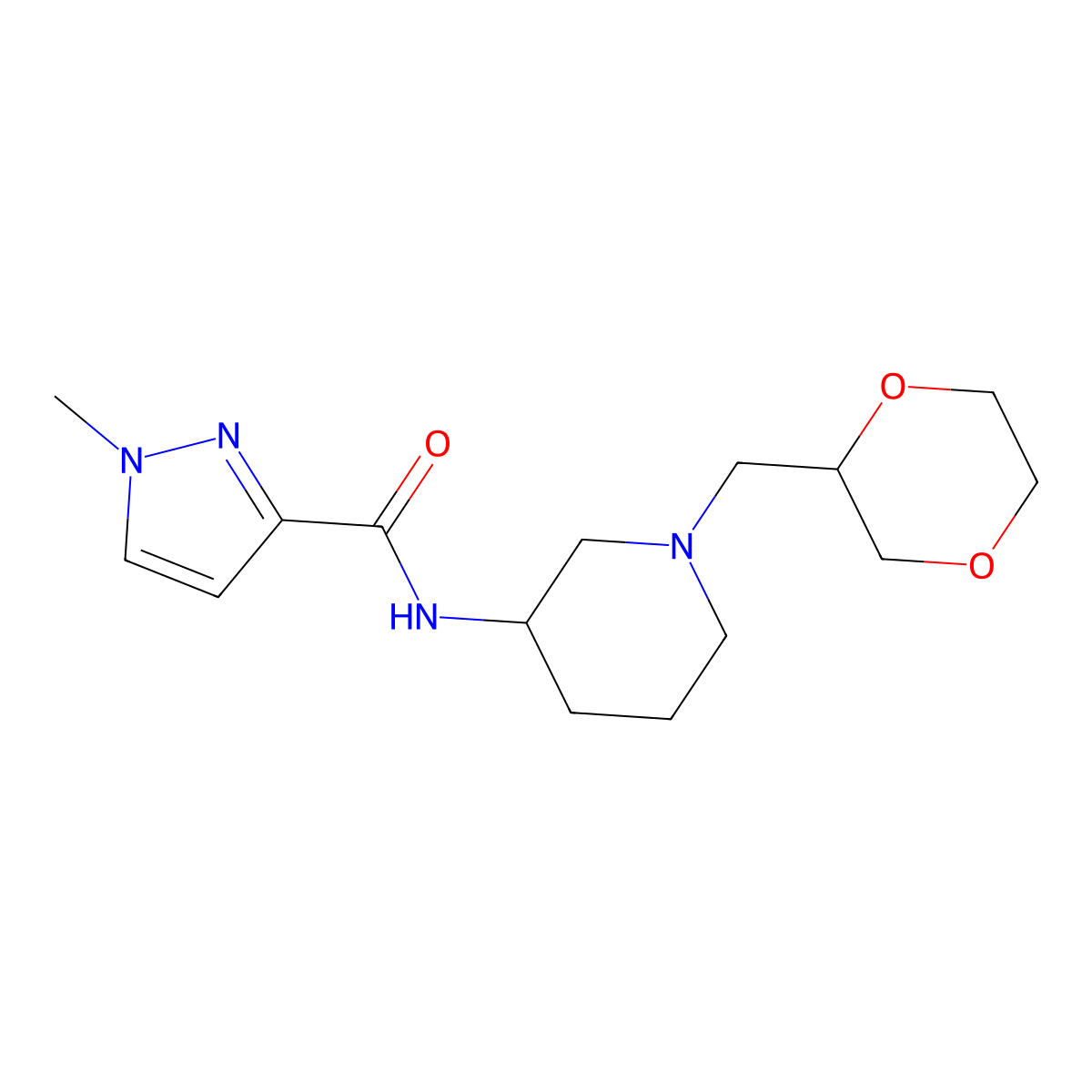N-{1-[(1,4-dioxan-2-yl)methyl]piperidin-3-yl}-1-methyl-1H-pyrazole-3-carboxamide molecular structure, CAS 3054626-25-1