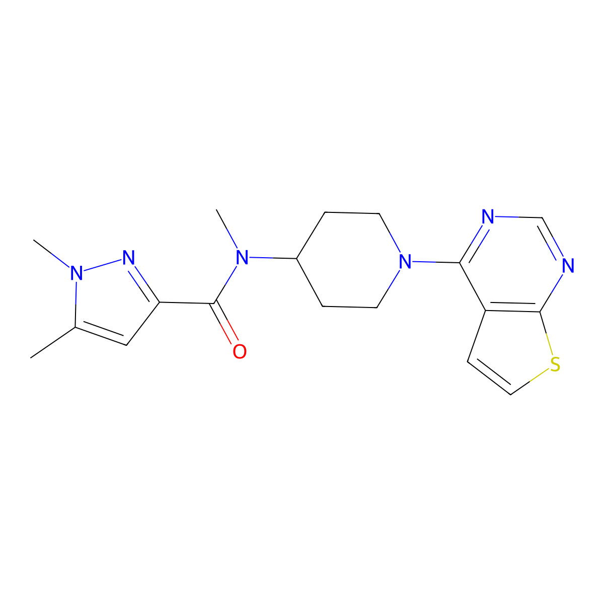 N,1,5-trimethyl-N-(1-{thieno[2,3-d]pyrimidin-4-yl}piperidin-4-yl)-1H-pyrazole-3-carboxamide molecular structure, CAS 3054626-29-5