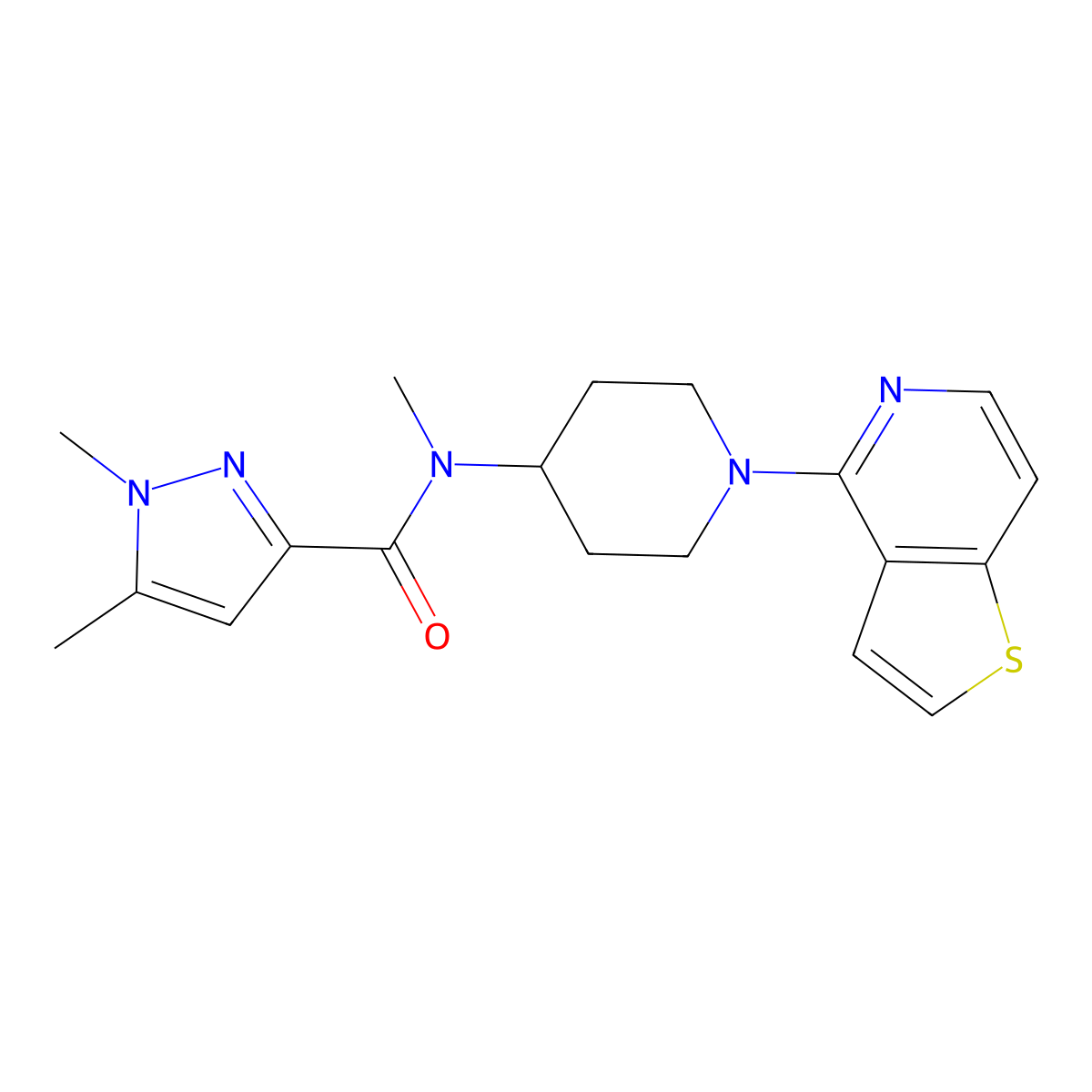 N,1,5-trimethyl-N-(1-{thieno[3,2-c]pyridin-4-yl}piperidin-4-yl)-1H-pyrazole-3-carboxamide molecular structure, CAS 3054626-34-2