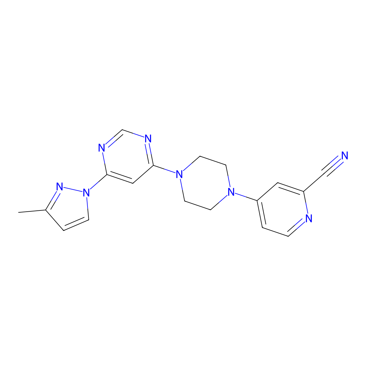 4-{4-[6-(3-methyl-1H-pyrazol-1-yl)pyrimidin-4-yl]piperazin-1-yl}pyridine-2-carbonitrile molecular structure, CAS 3054626-42-2