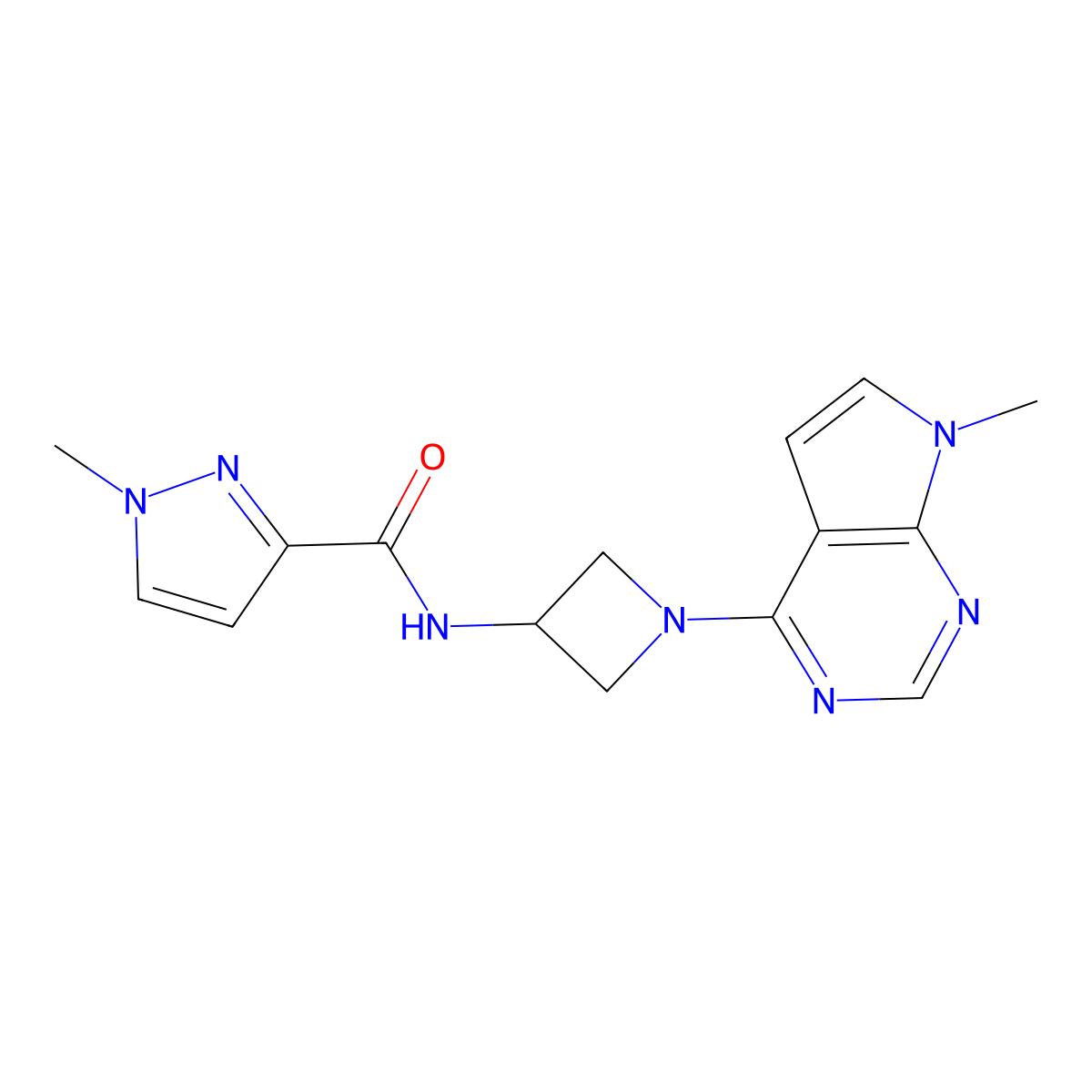 1-methyl-N-(1-{7-methyl-7H-pyrrolo[2,3-d]pyrimidin-4-yl}azetidin-3-yl)-1H-pyrazole-3-carboxamide molecular structure, CAS 3054626-45-5