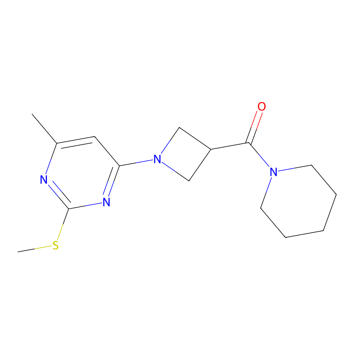 4-Methyl-2-(methylsulfanyl)-6-[3-(piperidine-1-carbonyl)azetidin-1-yl]pyrimidine molecular structure, CAS 3054626-54-6